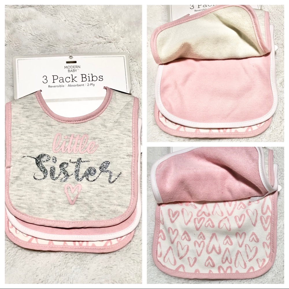 🆕3pk Baby Glitter LlTTLE SISTER Reversible Bibs